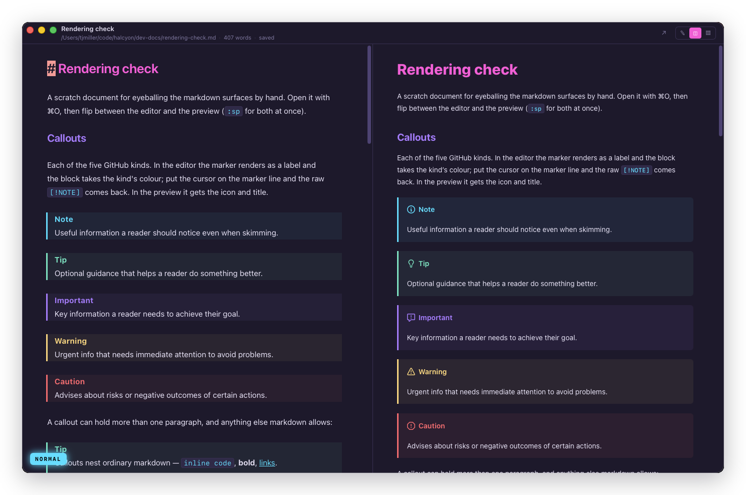 The five GitHub alerts, in the editor on the left and the preview on the right