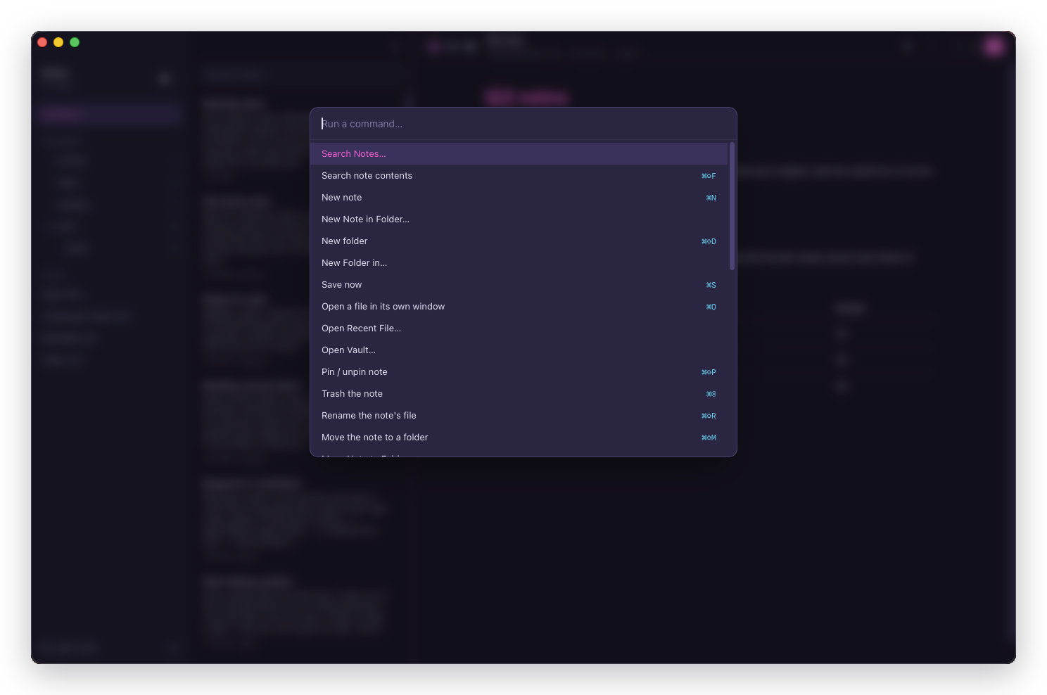 The command palette, listing every command with its shortcut