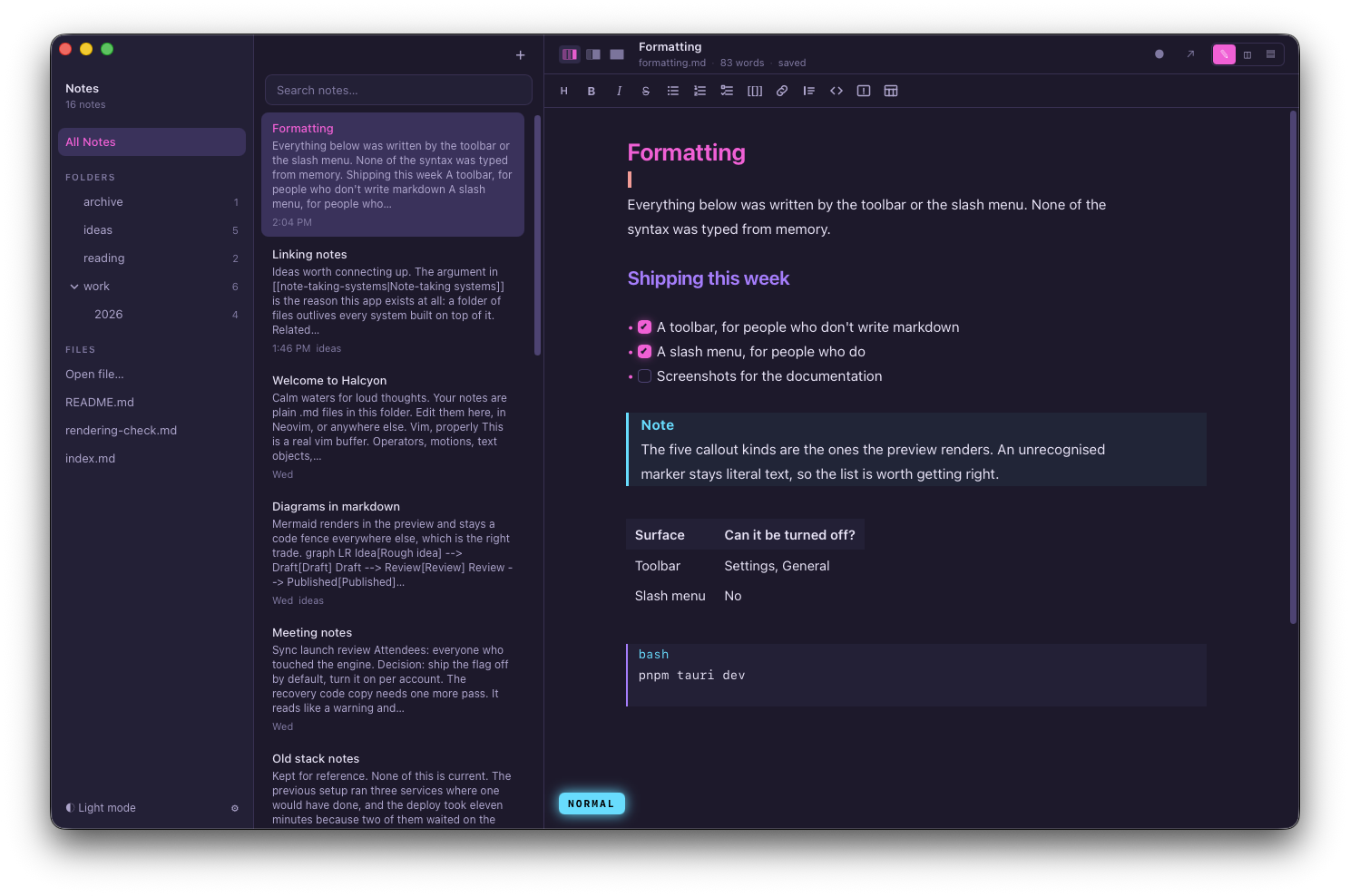 The formatting toolbar above the editor, with the note list and sidebar beside it