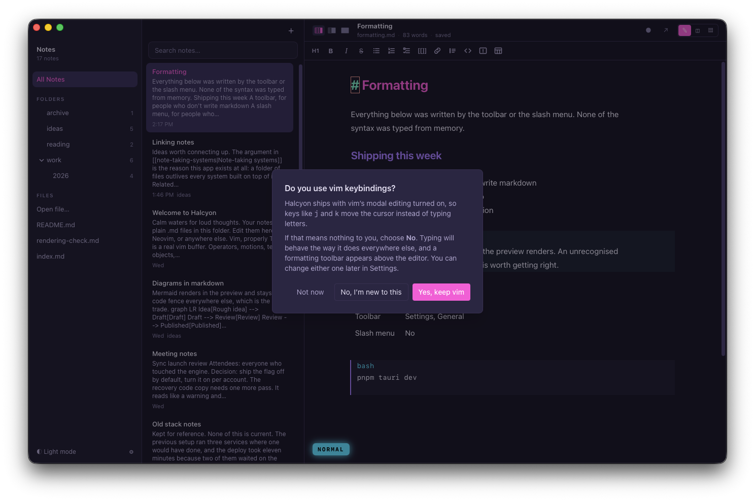 The first-run dialog asking whether you use vim keybindings, with Not now, No and Yes buttons