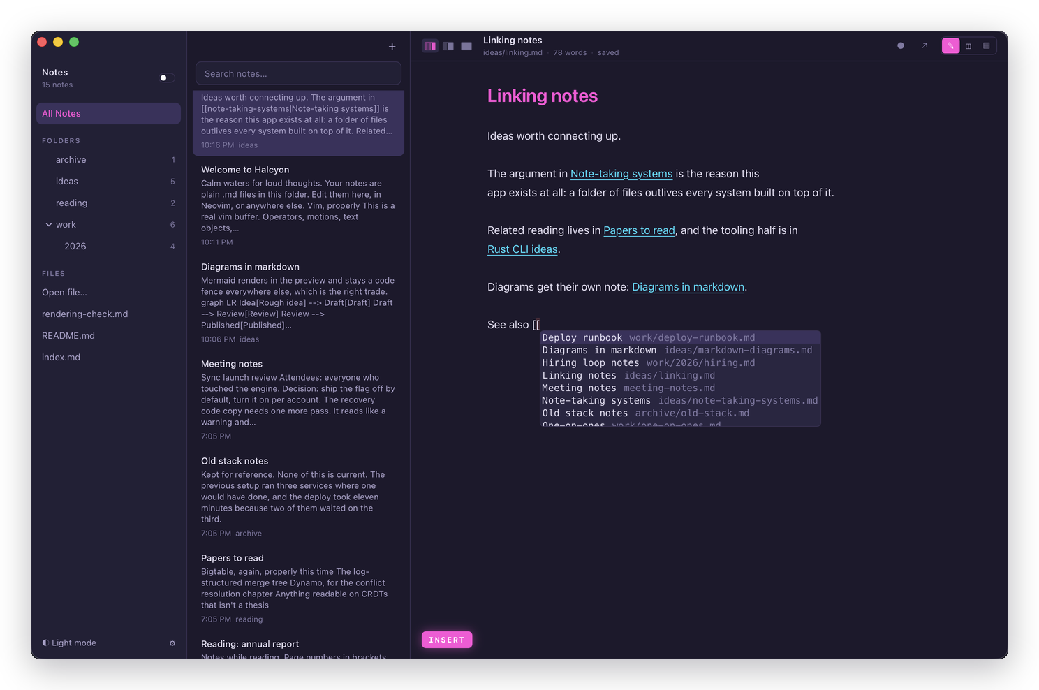 The link completion list open mid-typing, showing note titles with their paths