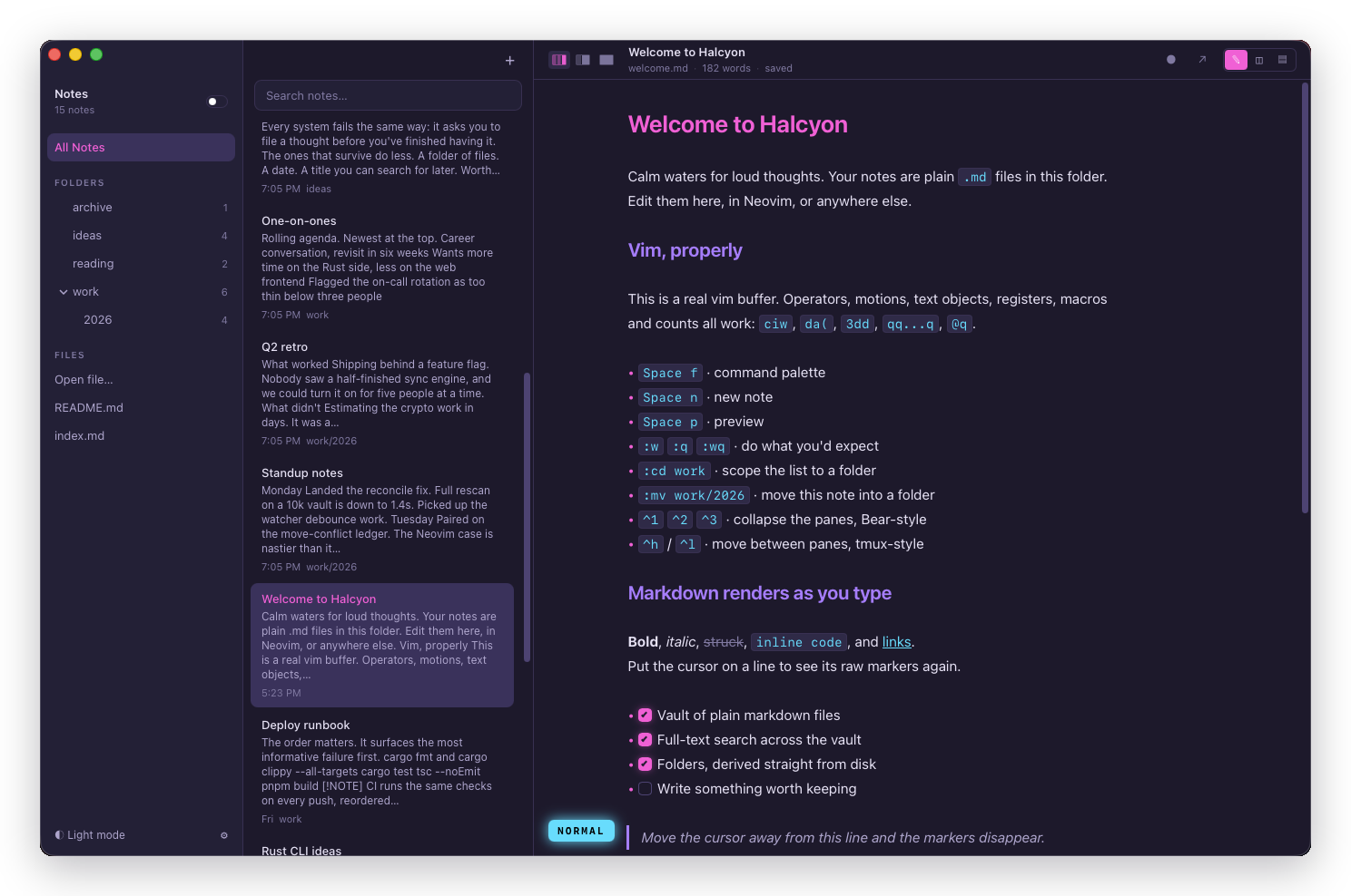 The three panes: sidebar, note list, editor