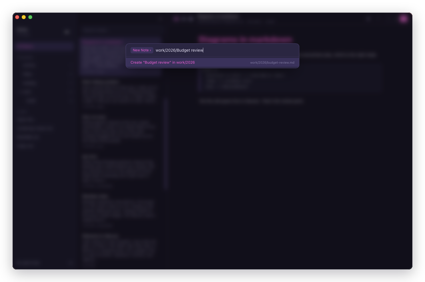 The New note prompt, asking for a title with a folder path typed in