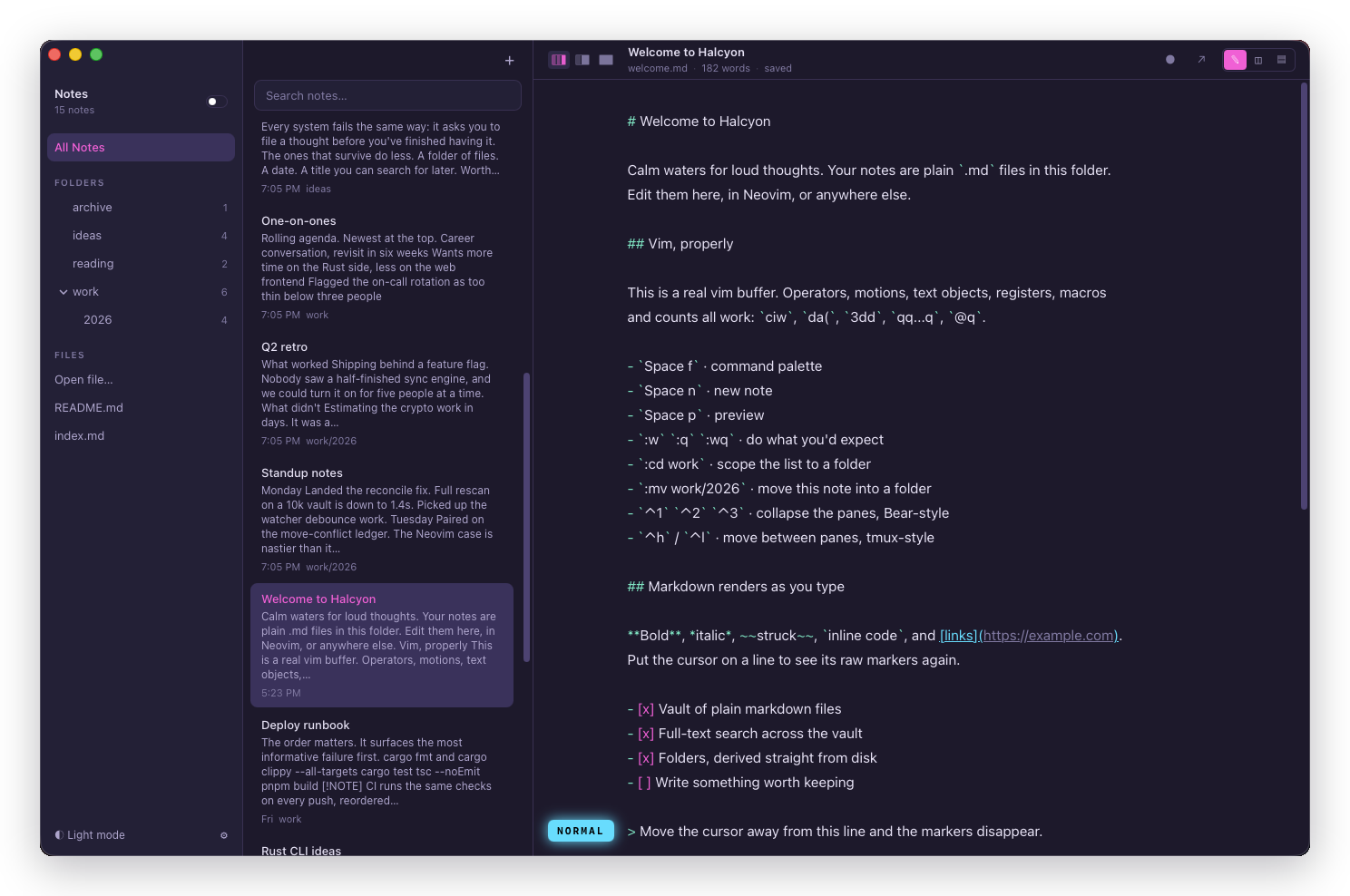 The same note with rich markdown off, showing raw markers on every line