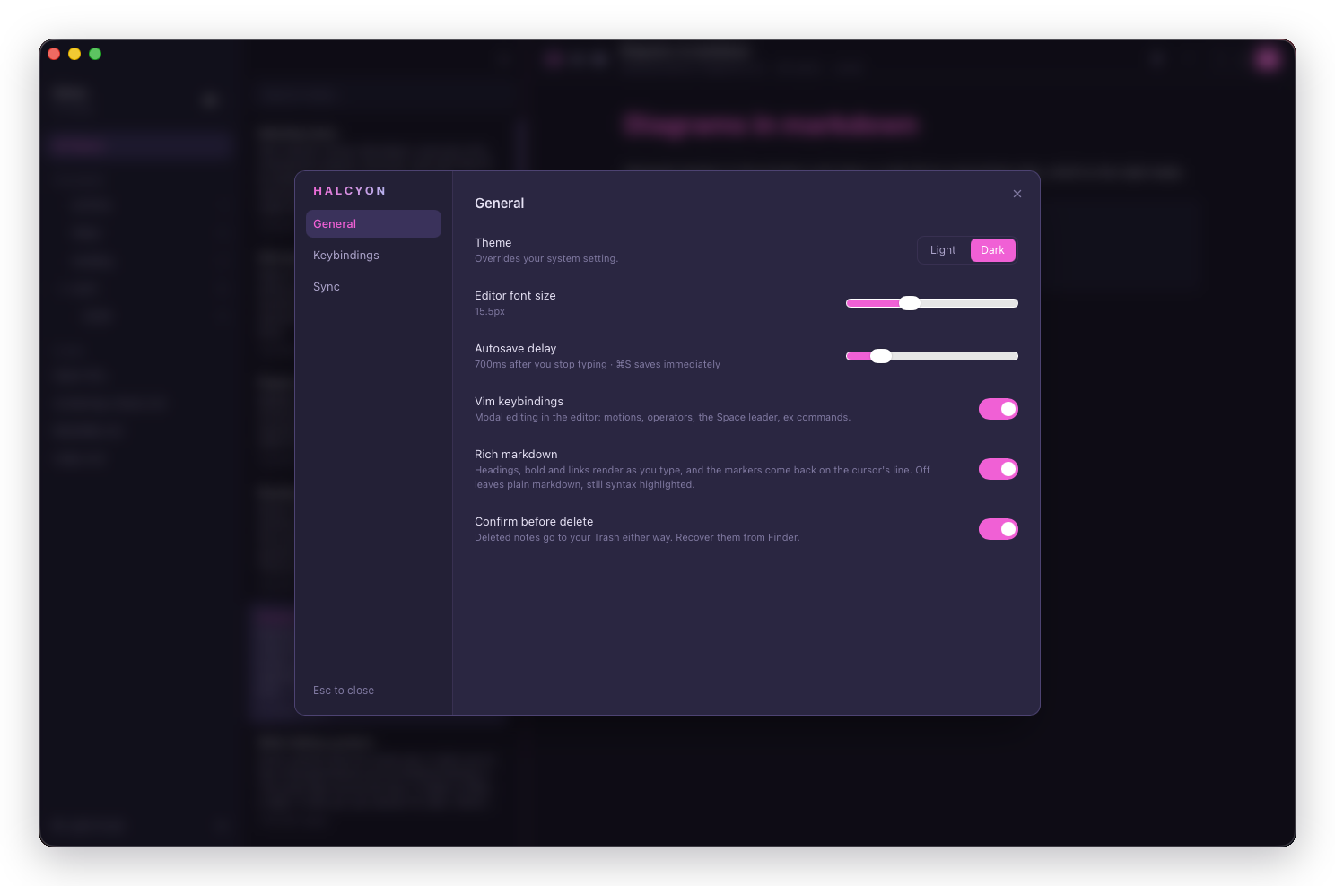 Settings, General: theme, editor font size, autosave delay, and the toggles