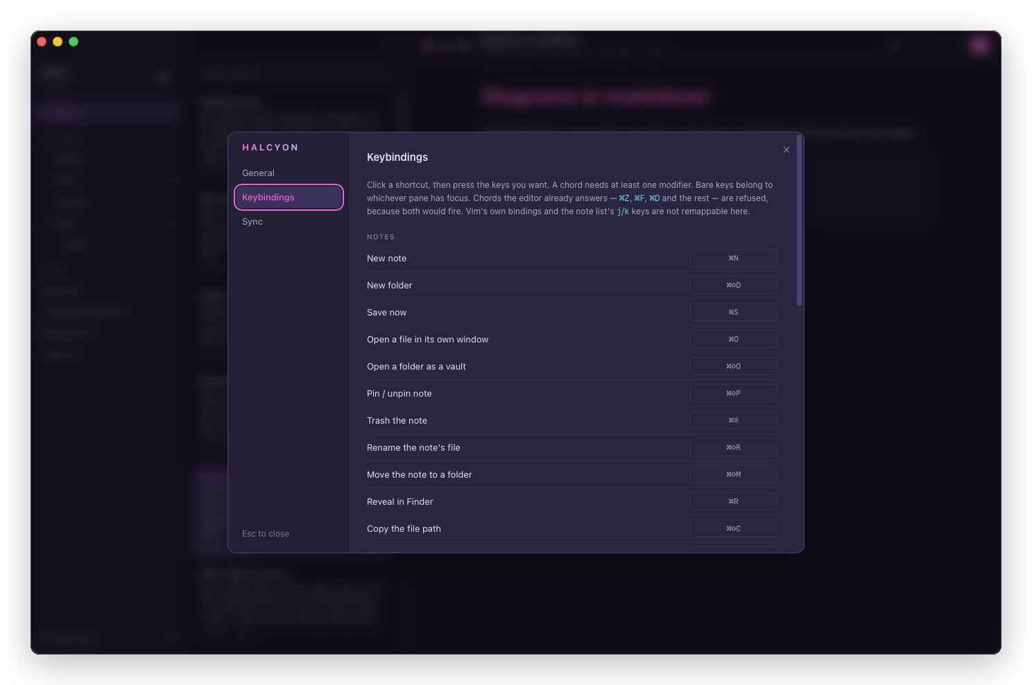 Settings, Keybindings: every command with its chord, and a recorder