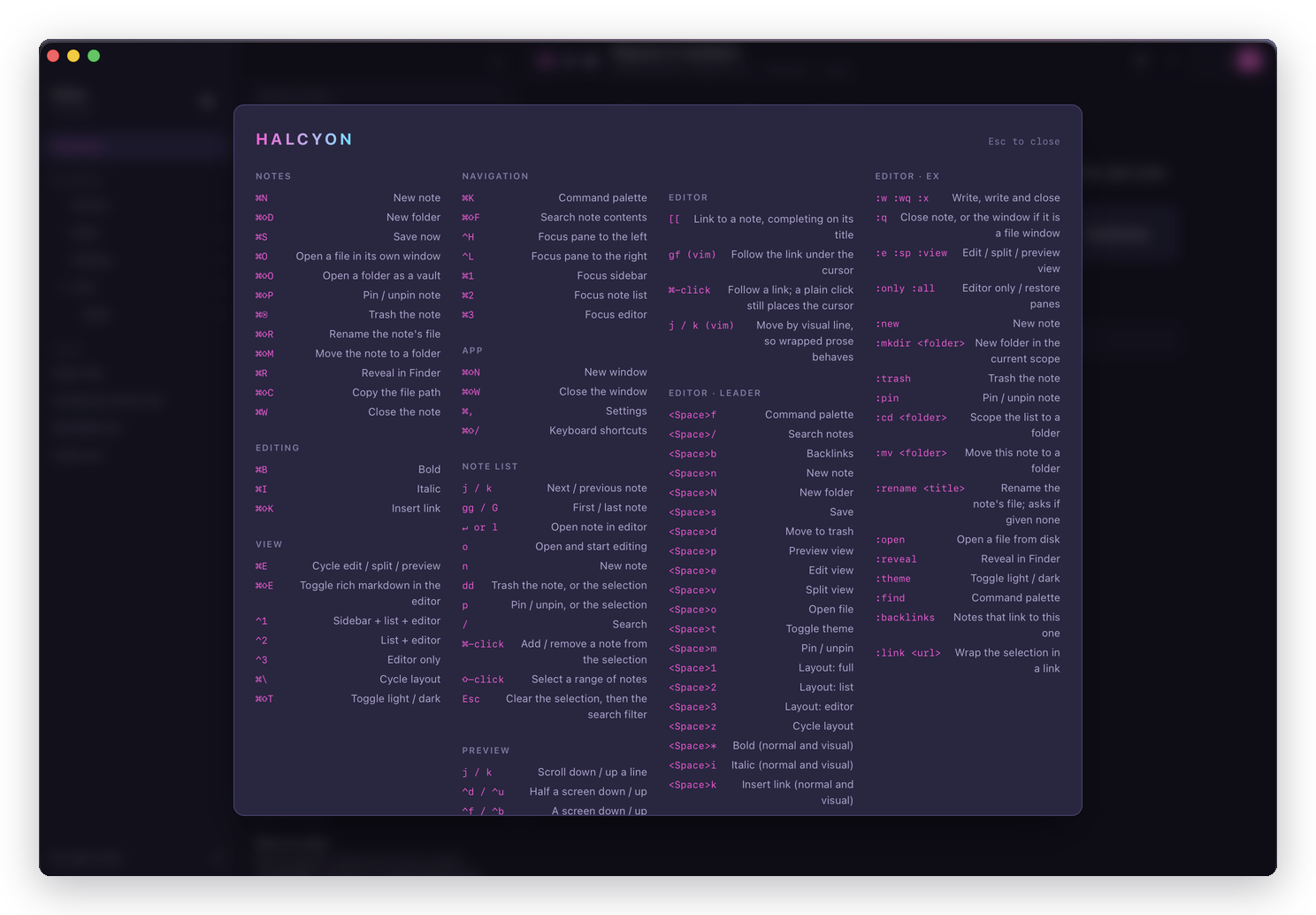 The keyboard shortcuts overlay, four columns of bindings