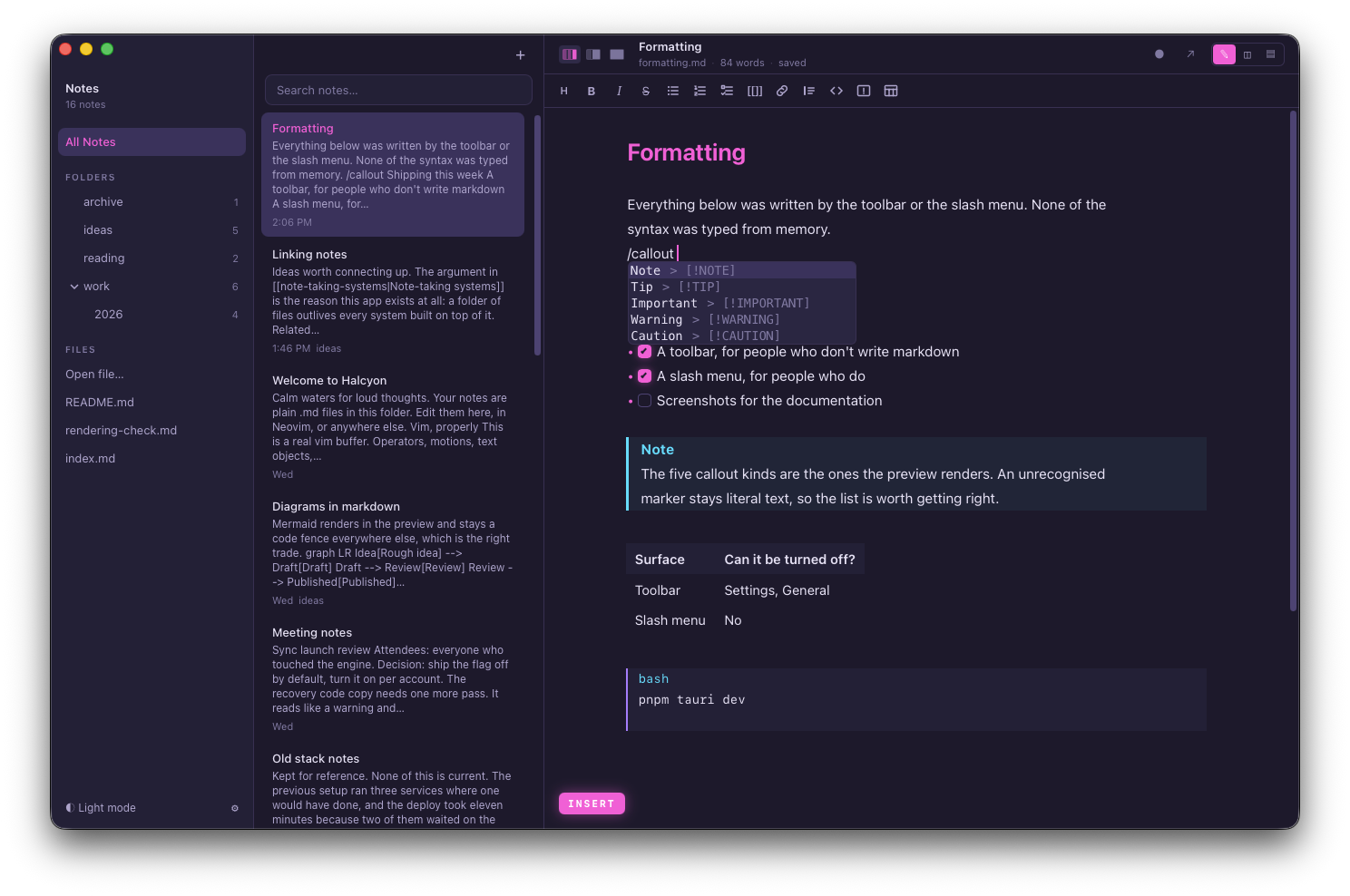 The slash menu after typing /callout, listing Note, Tip, Important, Warning and Caution with the marker each writes