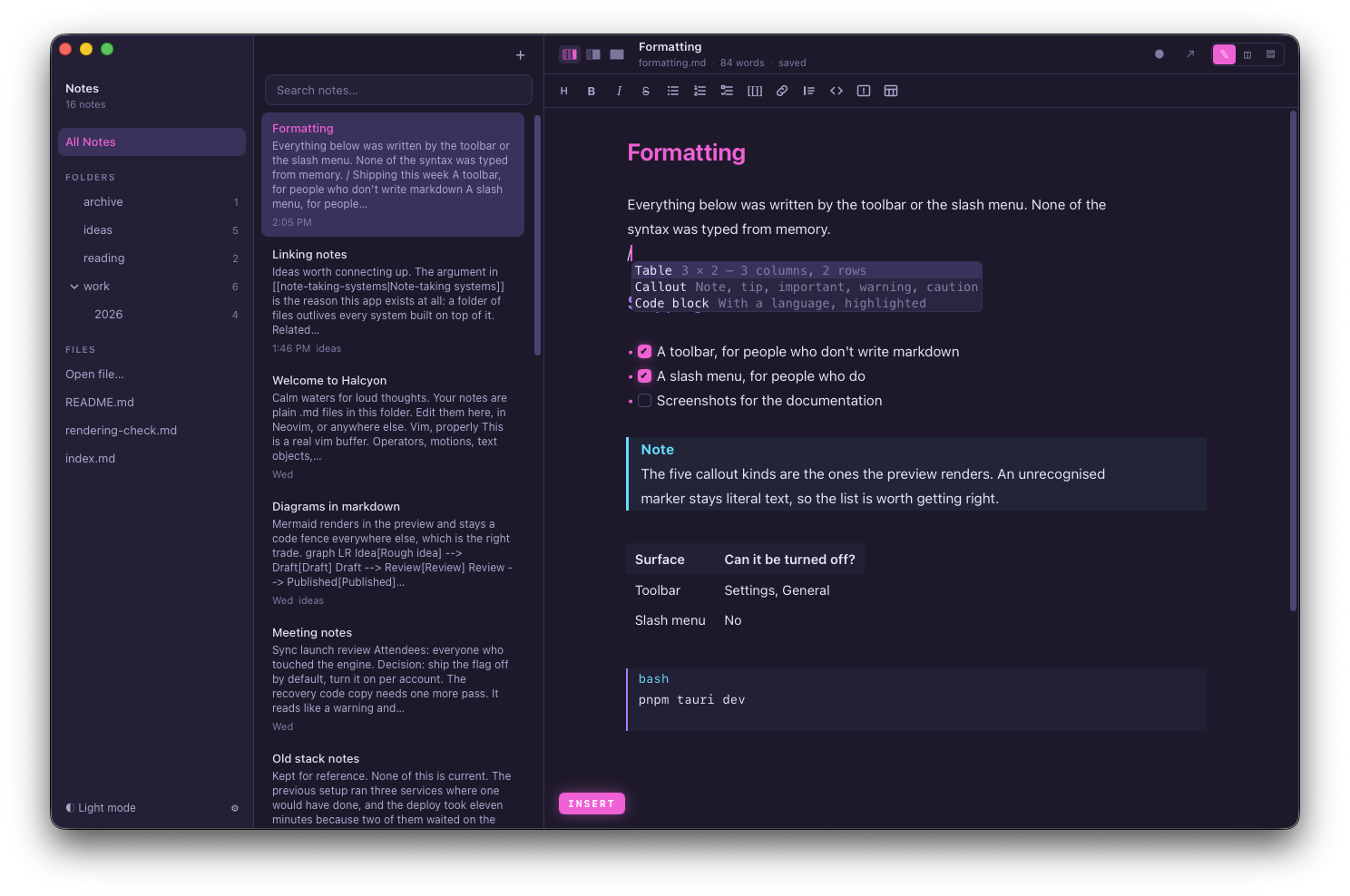 The slash menu open on an empty line, offering Table, Callout and Code block