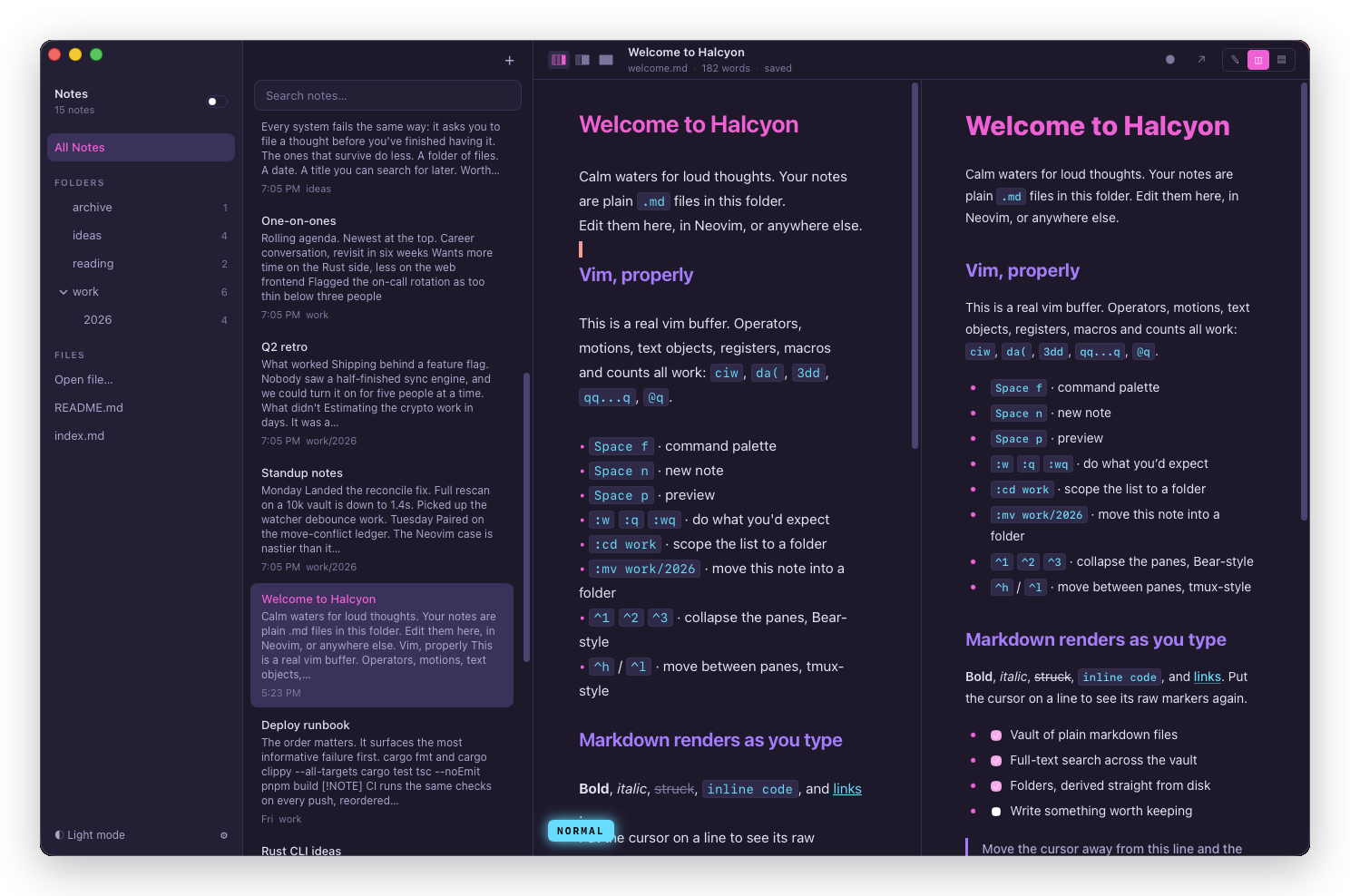 Split view: the markdown source on the left, rendered preview on the right