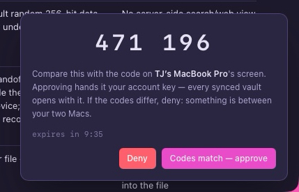 The approving Mac showing 471 196 with Deny and Codes match, approve