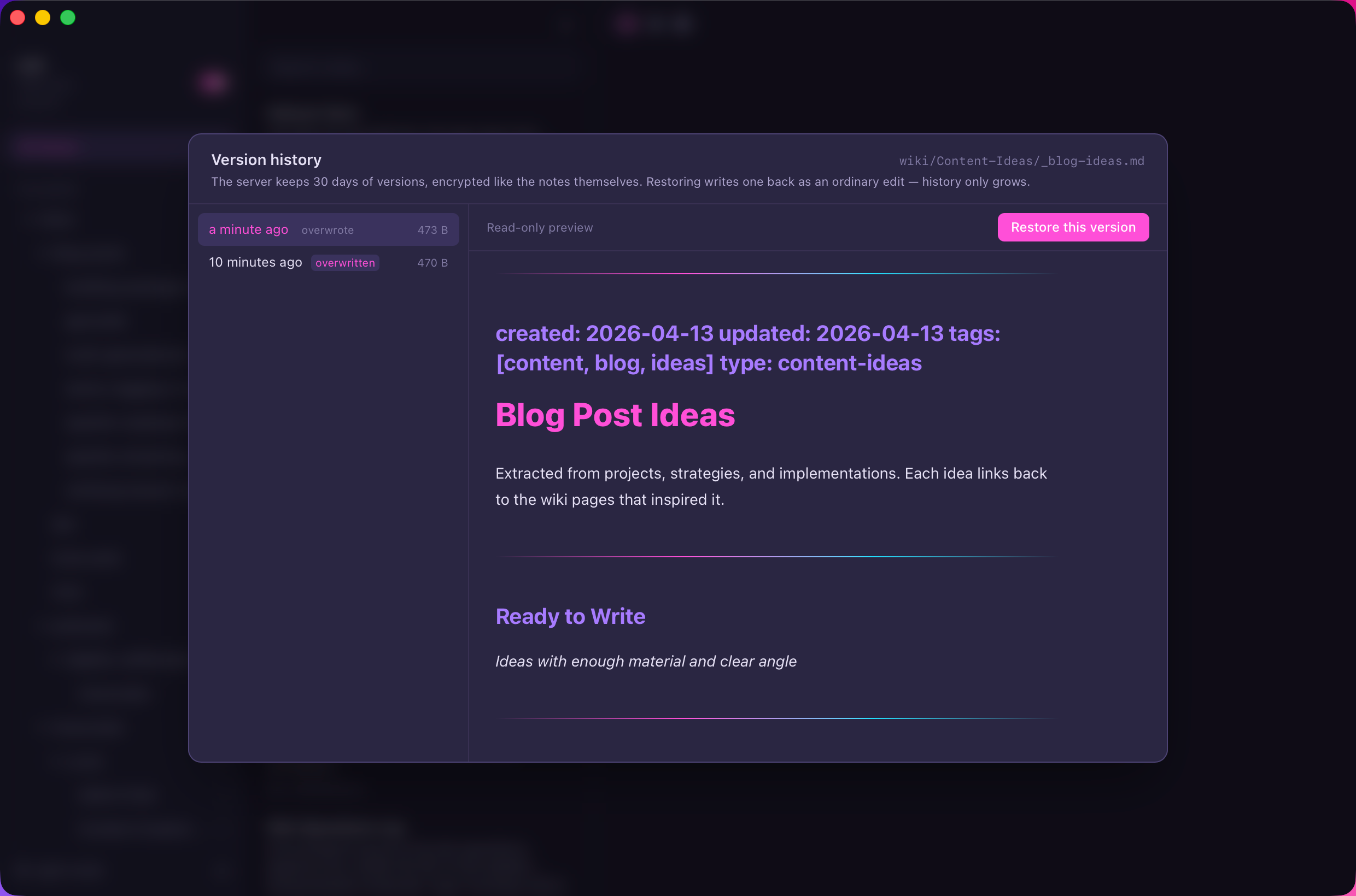 The version history sheet: a list of versions on the left, a read-only rendered preview on the right